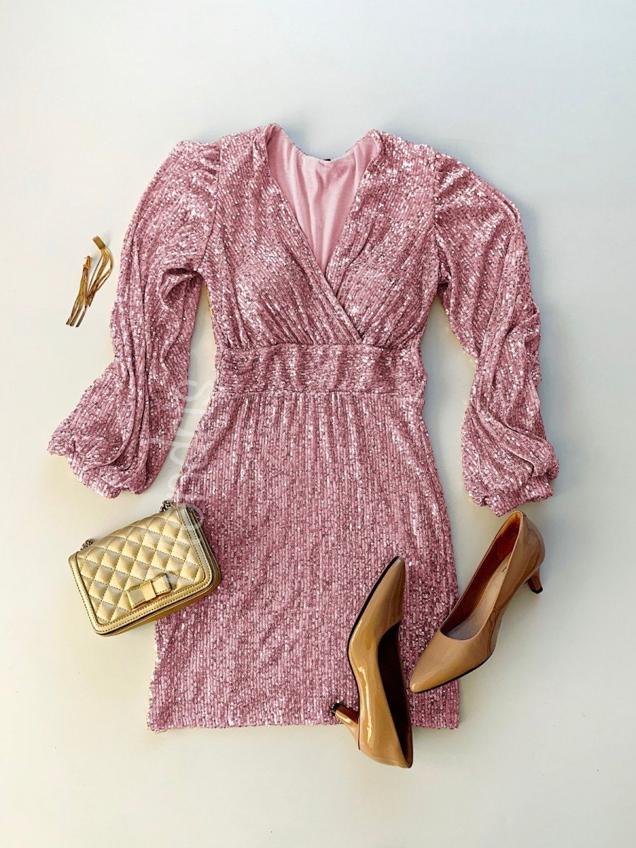 Rochie eleganta scurta ieftina roz cu maneca lunga si paiete
